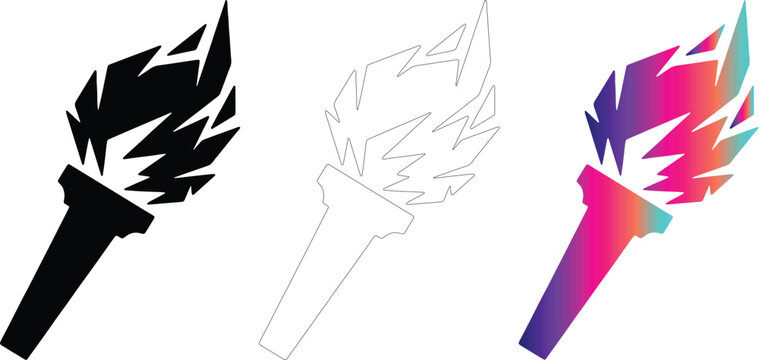 Set of three flaming torch vector logo designs minimalist geometric fire illustration set