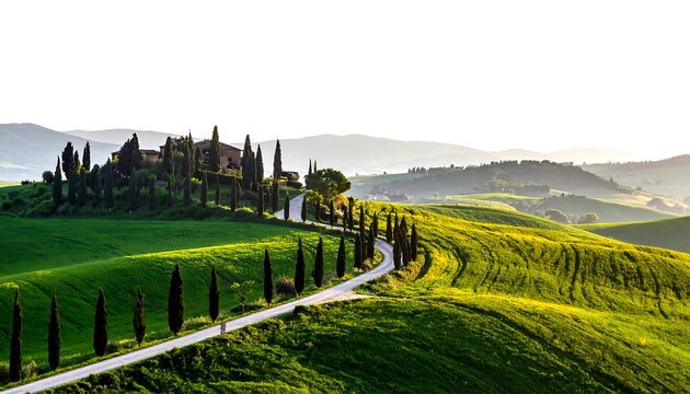 Rolling green hills in daylight, a winding road leads to a hilltop structure, cypress trees border the way