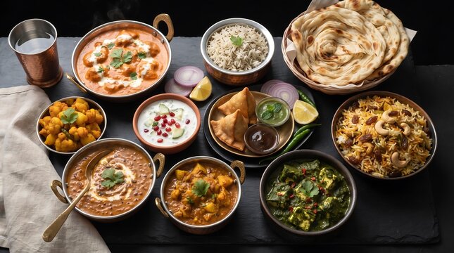 Indian cuisine spread featuring aromatic curries rice samosas naan bread and condiments arranged on dark stone table for festive dinner.