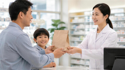 Fototapeta premium Pharmacist Handing Over Prescription Package to Family in Pharmacy