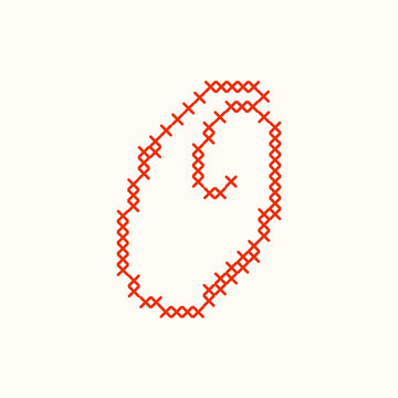 Red cross stitch letter O script typography isolated on white background. A textured cursive embroidery needlework letter for monograms, nursery decor, and handmade textile crafts. Vector illustration