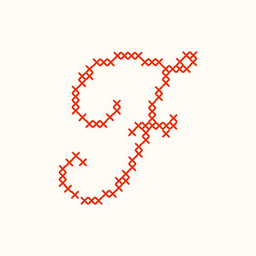 Red cross stitch letter F script typography isolated on white background. A textured cursive embroidery needlework letter for monograms, nursery decor, and handmade textile crafts. Vector illustration