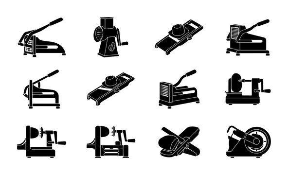Kitchen Gadget Icons, Food Preparation Tools Set, Slicers and Graters Collection, Vector Graphics for Culinary Design