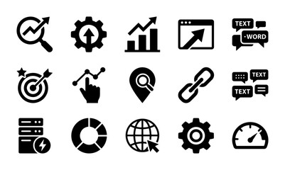 Fototapeta premium SEO Icons Set: Digital Marketing, Analytics, Strategy, and Web Performance Vector Graphics for Business Growth