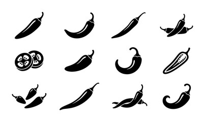 Obraz premium Chili Pepper Icons Set, Spicy Food Vector Graphics, Hot Ingredient Symbols, Culinary Design Elements, Black and White