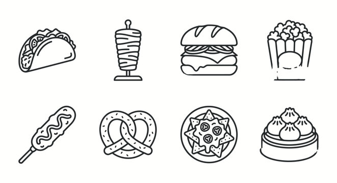 Vintage sketch vector illustration set of different food icons including bakery bread, easter eggs, cafe coffee cups, and restaurant burgers on a seamless pattern background