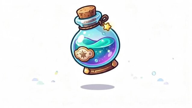 A whimsical, cartoon-style potion bottle filled with a swirling, cosmic-colored liquid, adorned with a star charm and a cloud emblem, floating magically.