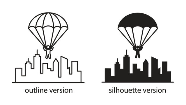 Parachutist Over Cityscape: Two stylized depictions of a parachutist descending over a modern city skyline, presented in both outline and silhouette versions.