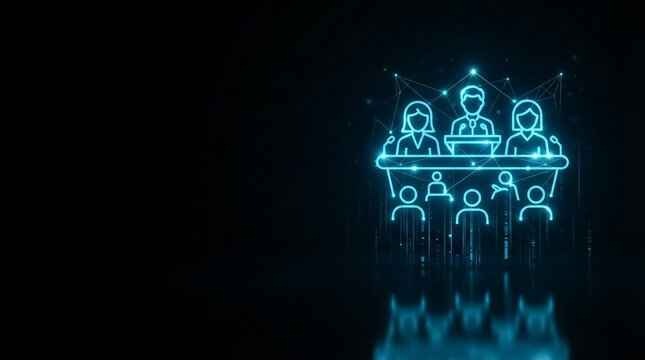 Illuminated digital conference setup showing three presenters and five virtual attendees linked by glowing network lines, futuristic lighting, top-down perspective, tech-inspired mood.