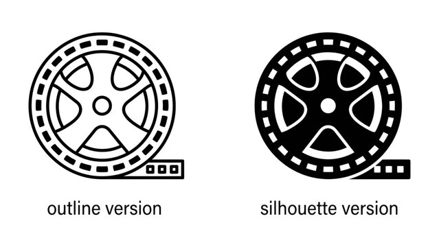 Film Reel Icon: A graphic representation of a film reel, presented in both outline and silhouette versions, symbolizing the art of cinema and filmmaking.
