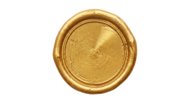Shiny gold wax seal with textured surface and embossed circular border