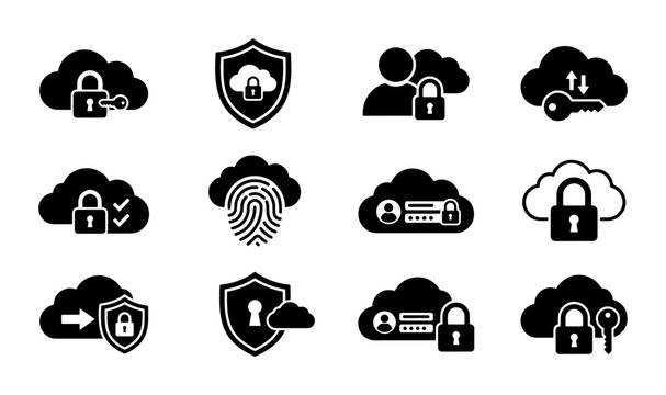 Cloud Security Icons Set, Digital Data Protection Vector Graphics, Cybersecurity Symbols Collection, Network Access Control Elements