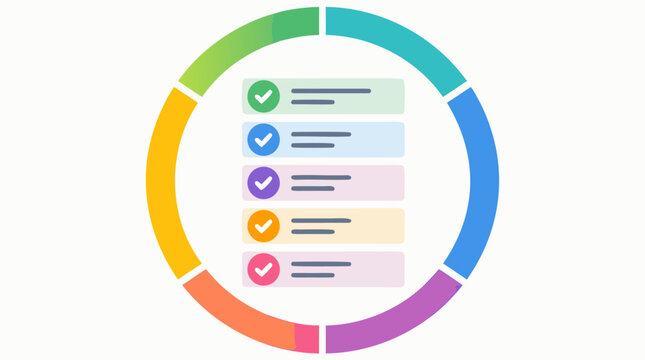 Vibrant checklist completion infographic with segmented circular progress ring surrounding stacked ticked task cards, ideal for productivity, quality control and project status tracking
