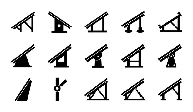 Solar Panel Mount Systems, Roof Racking Icons, Photovoltaic Structure Diagrams, Renewable Energy Installation Symbols, Black and White Vector Graphics