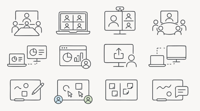 Modern hybrid meeting line icon set for video conferences, screen sharing, virtual whiteboards, dashboards, breakout discussions, remote teamwork and editable collaboration UI symbols