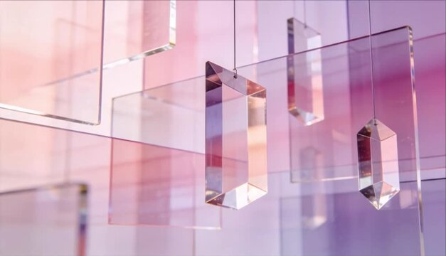 Crystal prism abstract geometric glass hanging decor modern art pastel color soft focus minimal design reflective surface purple background pink light crystal geometry glass abstract hanging prism