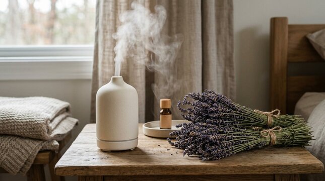 A ceramic diffuser releases mist beside bundled dried lavender and essential oil on a rustic bedroom table, ideal for wellness, spa, and relaxation marketing.