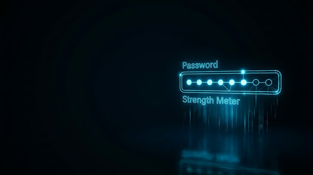 Digital password strength meter with illuminated dots on dark tech background, futuristic lighting, abstract data streams. Ideal for security, tech, and digital concept visuals.