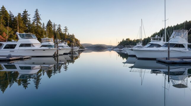 Luxury yachts sit moored in a quiet forest marina at sunrise, reflected in glassy water, ideal for travel, boating, waterfront living, or leisure promotions.