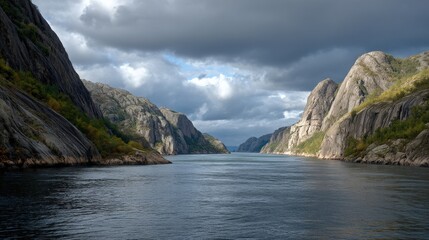 Naklejka premium Majestic Norwegian Fjords Deep Blue Water Under Cloudy Sky