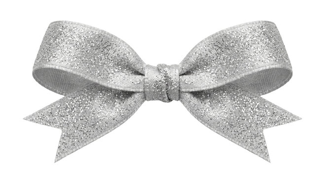 Sparkling silver bow with glitter accents on a clean white background