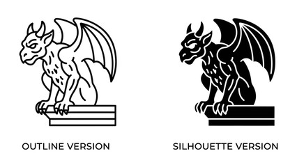 Gargoyle Outline and Silhouette: Two striking illustrations of a gargoyle, one presented as a detailed outline and the other as a bold silhouette, showcasing a mythical creature perched menacingly. © sanjida