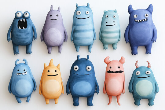 creatures of ai, illustrated cute funny cartoon monster characters in pastel colors on white background, varying in size and color