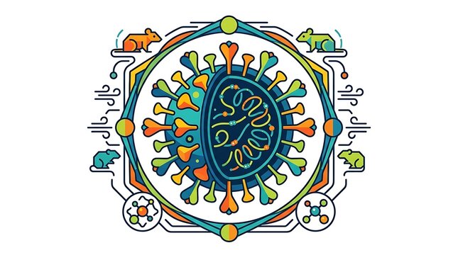 Colorful virus cell with spikes and mouse icons around