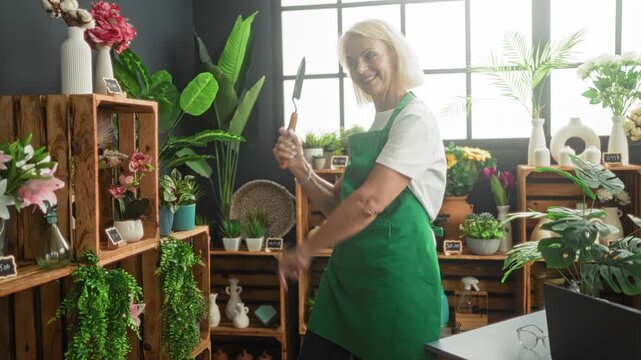 Woman florist middle age blonde in green apron raises trowel above a potted plant while arranging orchids and hanging greenery inside studio; contentment.