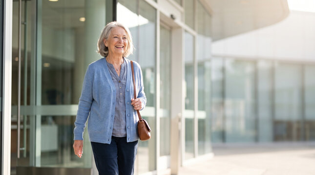 Senior woman leaving hospital after successful rehabilitation recovery