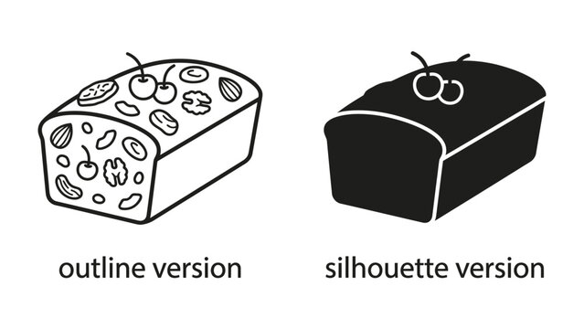 Fruitcake Icons: A graphic representation of a fruitcake presented as both an outline and a silhouette, showcasing its key ingredients like cherries and nuts.