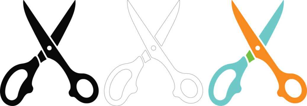 Set of three left handed scissor icons, solid black silhouette, thin outline, colorful