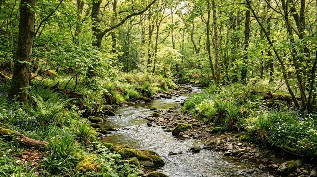 A clear woodland stream winds through mossy rocks, ferns and spring greenery in a quiet forest, suitable for nature conservation or wellness themes.