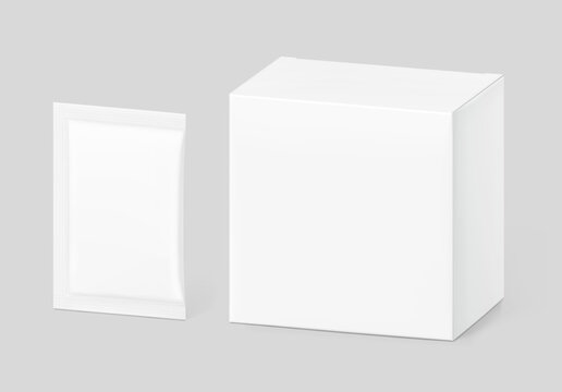 Three side seal sachet bag with paperboard box mockup for medical or cosmetic product presentation. 3D hight realistic vector illustration isolated on grey background. Scalable. EPS10.