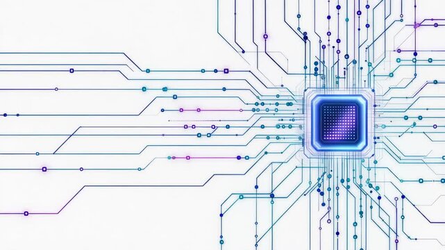 Digital microchip with abstract circuit lines on a white background
