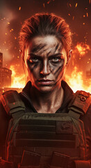 Fototapeta premium Intense portrait of a woman in combat gear with face paint against a fiery urban background, symbolizing resilience and determination in conflict.