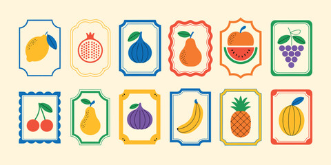Fruit and berry retro label set on light yellow background for jam packaging vector illustration. Vector illustration © MstSima