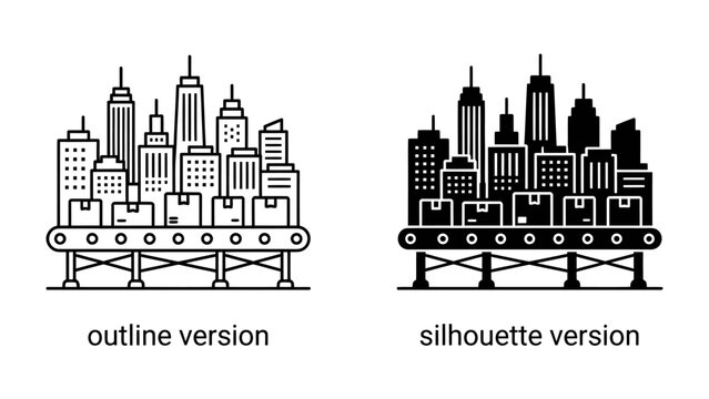 Industrial Cityscape on Conveyor Belt: A stylized depiction of a city skyline, represented by rows of buildings and packaged goods moving along a conveyor belt.
