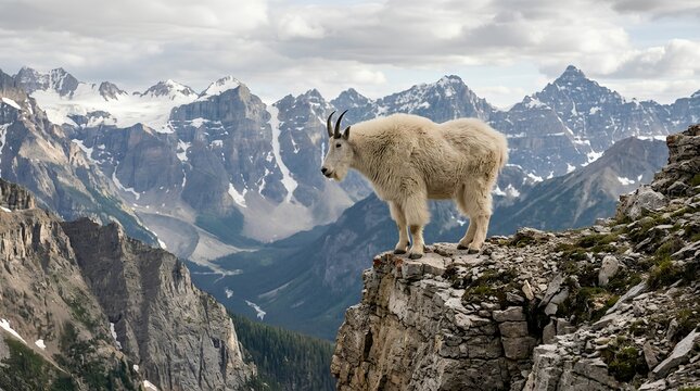 A mountain goat stands on a rocky alpine ledge above a dramatic valley of snow streaked peaks, suited for wildlife travel and conservation campaigns.