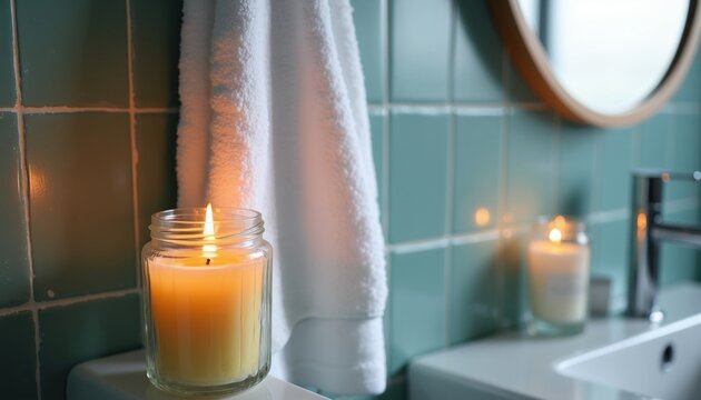 Burning candle sits near hanging white towel in bathroom. Fire hazard risk exists due to proximity of flammable fabric material. Home safety concept shows domestic accident prevention, fire