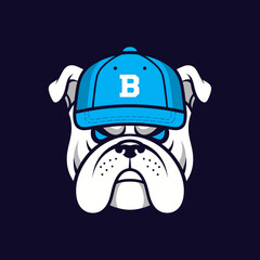 Naklejka premium Cartoon bulldog wearing a blue baseball cap with a white letter