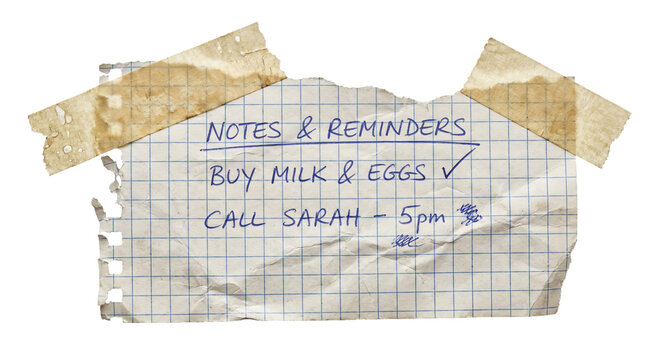 Handwritten note with tasks and reminders taped to a surface
