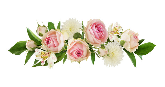 Small pink rose flowers, alstroemeria, chrysanthemums and green leaves of ruscus in a floral arrangement isolated on white or transparent background
