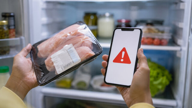 Person holding raw chicken package while checking smartphone displaying red warning alert, symbolizing food expiration, spoilage, or smart kitchen inventory management in refrigerator.