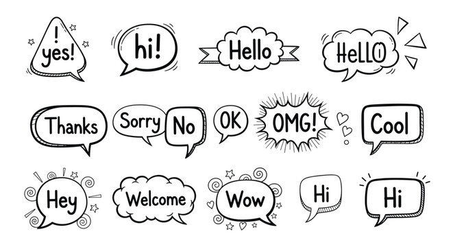 Set of hand-drawn decorative speech and thought bubbles with various greeting words and expressions in a playful sketch style.