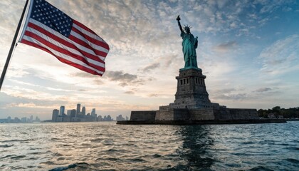Fototapeta premium American flag waving near Statue of Liberty at sunset in New York City