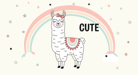 Obraz premium Adorable illustration of a smiling llama standing under a large pastel rainbow with stars and the word cute on a light background.
