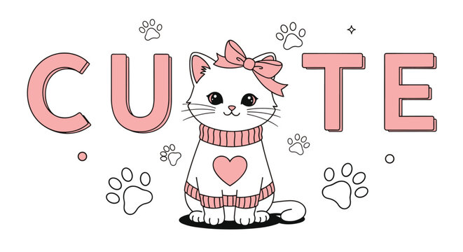 Adorable illustration of a white kitten wearing a pink sweater with a heart and a bow surrounded by the word cute and paw prints.