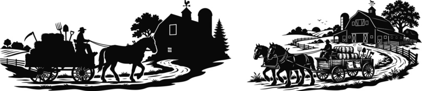 Farm scene silhouettes with horse drawn carts and barns