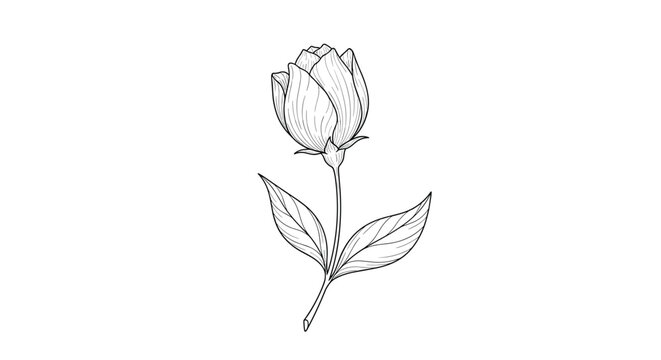Elegant line art illustration of a rosebud with leaves and fine hatching details on a plain white background for floral design projects.
